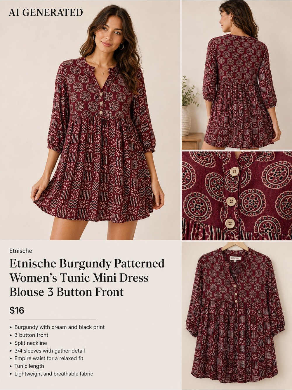 Etnische Burgundy Patterned Women's Tunic Mini Dress Blouse 3 Button Front